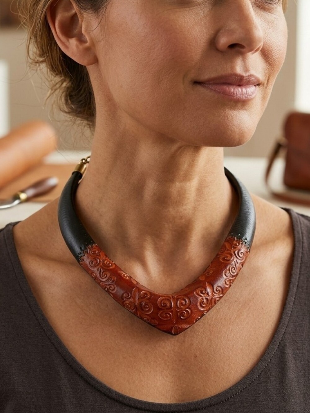 Signed Nadine Jaggi NJ Artisan Hand Tooled Leather Collar Necklace Statement